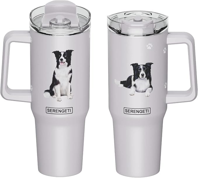 SERENGETI 40 Oz Ultimate Tumbler with Handle and Straw - Vacuum Insulated Tumbler with Straw and Lid - Stainless Steel Travel Mug for Pet Lovers - 3D Designs of your favorite Dog (Border Collie)