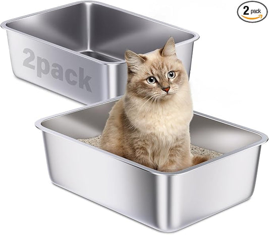 Stainless Steel Litter Box 2 Pack, 18"x14"x6" Medium Cat Litter Box Easy to Clean, Never Absorb Odor, Non Stick Metal Litterbox for Small to Medium Cats, Rabbits