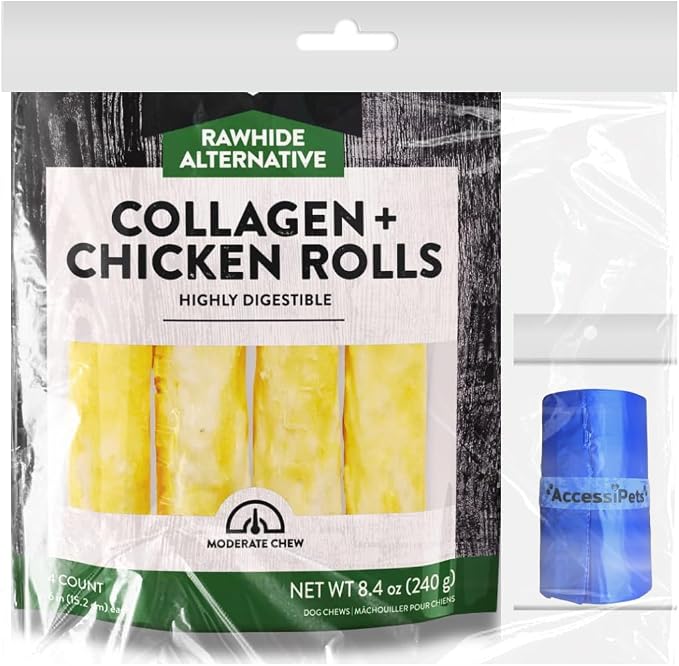 Rawhide Free 6 Inch Collagen Rolls with 1 Waste Bag Roll (Chicken, 8.4 oz)