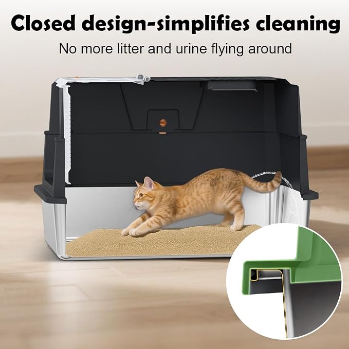 SZEE Stainless Steel Cat Litter Box with 180°Flip-Top Lid, Easy Clean XL Enclosed Litter Box, Large Covered Steel Cat Box with Scoop, Odor Control and Anti-Urine Leakage, 23.2 * 15 * 15 Inch, Black