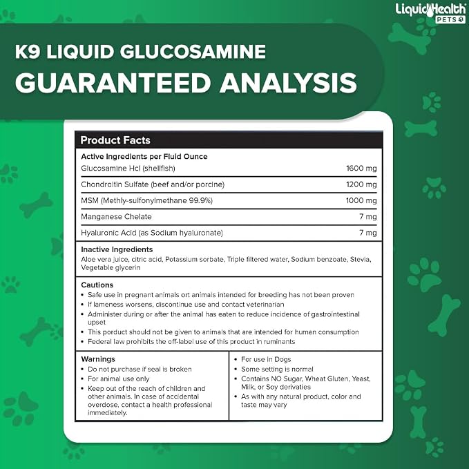 LIQUIDHEALTH Pets K9 Liquid Glucosamine for Dogs, Puppies, Senior Canines with Chondroitin, MSM, Hyaluronic Acid - Dog Vitamins for Hip Joint Health, Dog Joint Oil, Joint Juice - Made in USA (3 Pack)