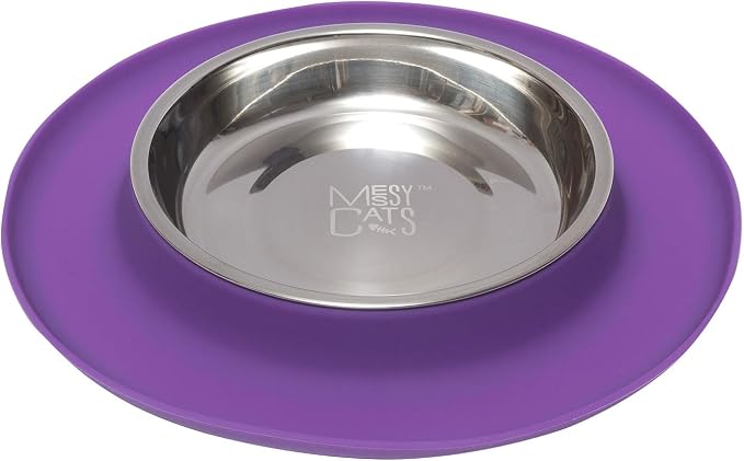 Messy Cats Single Silicone Feeder with Stainless Saucer Shaped Bowl | Anti-Slip Non-Skid Cat Food Bowl | One Cat Bowl in Feeding/Water Station | 1.75 Cups (Purple)
