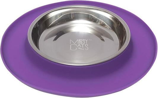Messy Cats Single Silicone Feeder with Stainless Saucer Shaped Bowl | Anti-Slip Non-Skid Cat Food Bowl | One Cat Bowl in Feeding/Water Station | 1.75 Cups (Purple)