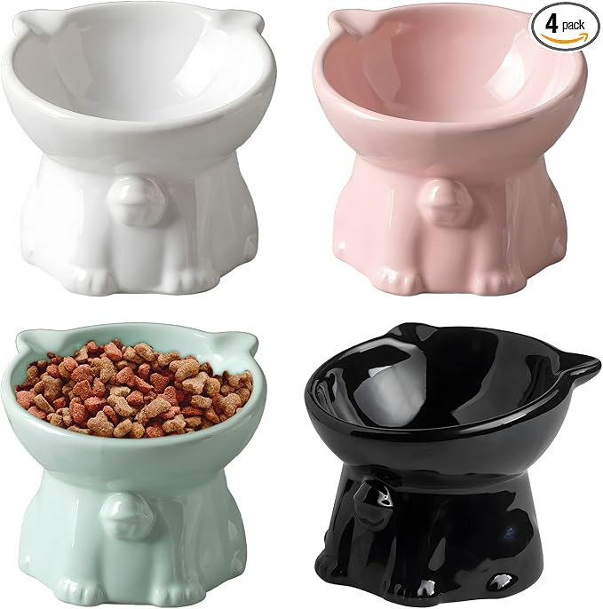 Ceramic Elevated Cats Bowls, 4Pc Extra Wide Raised Cats Bowls, Shallow Whisker Friendly Food & Water Dish, Anti Vomit, Microwave & Dishwasher Safe, 5 oz (Cat Bell 5 X 4.3'')