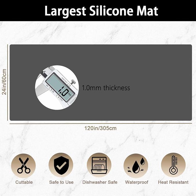 Super Large Silicone Mat, 120"x24" Silicone Mats for Kitchen Counter, Non-slip Heat Resistant Mat,Thicken Kitchen Counter Mat, Waterproof Countertop Protector for Craft (Black)