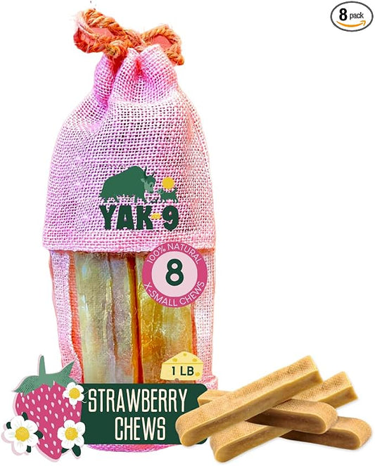 Yak9 Cheese Dog Chews, High Protein Treats, Natural, Rawhide Free, Long Lasting with Vitamins & Minerals, Medium Size, Strawberry, 7 PC, 1lb