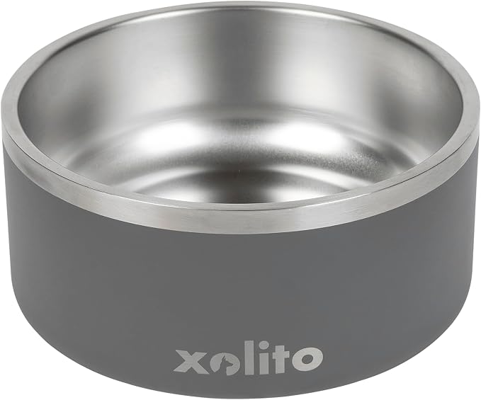Xolito Pets Stainless Steel Dog Bowl 64 oz - Non-Slip Insulated Water Bowl for Large Dogs - Heavy Duty Double Wall Metal Feeder for Food & Water, Dishwasher Safe (Grey)
