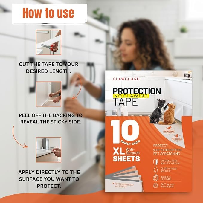CLAWGUARD Protection Tape Sheets – 10 XL (17x12 in) Pet Scratch Protectors – Door Scratch Protector Dog & Cat – Couch Protector from Cat Claws