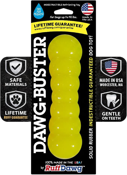 Ruff Dawg Indestructible Dawg-Buster Medium Yellow – Heavy-Duty Solid Rubber Dog Chew Stick for Dogs Under 40 lbs – Floats & Bounces – Made in USA