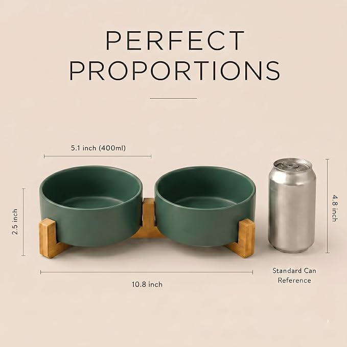 SPUNKYJUNKY Ceramic Dog and Cat Bowl with Wood Stand Non-Slip Matte Glaze Weighted Food Water Set for Cats &Small Dogs 13.5 OZ Green