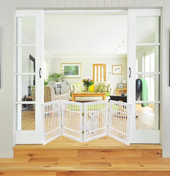 Urnporium Pet Dog Gate Freestanding, Strong Durable Folding Wooden Fence, Portable Acacia Hardwood Safety Barrier for Indoor & Outdoor Use (White Pet Gate, 4 Panel 24" Tall)