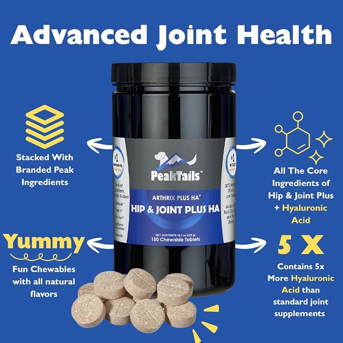 KALA HEALTH PeakTails Hip & Joint Plus HA for Dogs – 150 Tablets, Glucosamine, Chondroitin, OptiMSM, Ester-C & Hyaluronic Acid – Supports Joint Mobility & Comfort