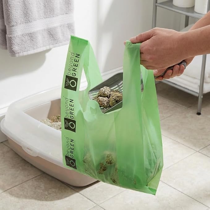 beyondGREEN Cat Litter Waste Bags with Handles, 100 Count — Green, Strong 20 Micron Litter Pick-Up Bags, Easy-Tie, 8" x 16" with 2.5" Gussets, Made in USA