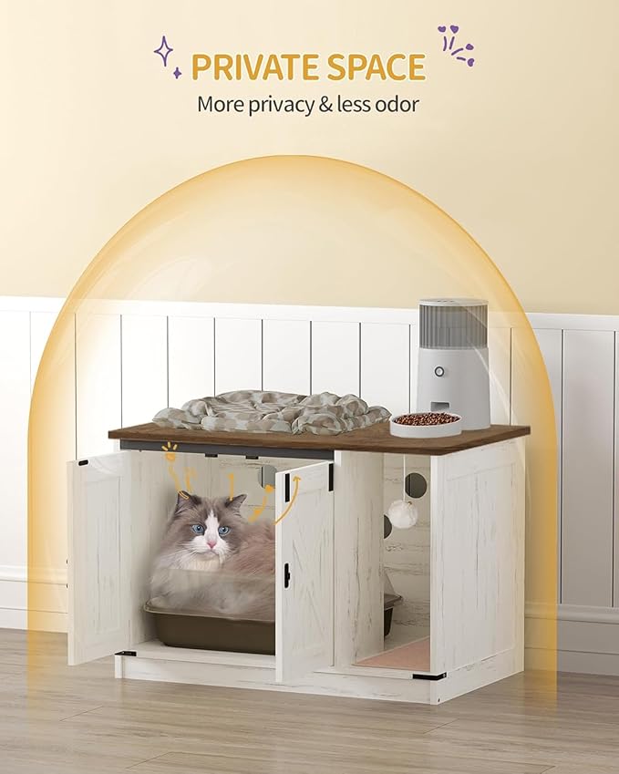 Hzuaneri Cat Litter Box Enclosure, Hidden Litter Box Cabinet Furniture with Bell, Indoor Cats House, Farmhouse Style, 31.5 x 19.7 x 20.9Inches, for Hallway, Bedroom, Rustic Brown and White CB82414X