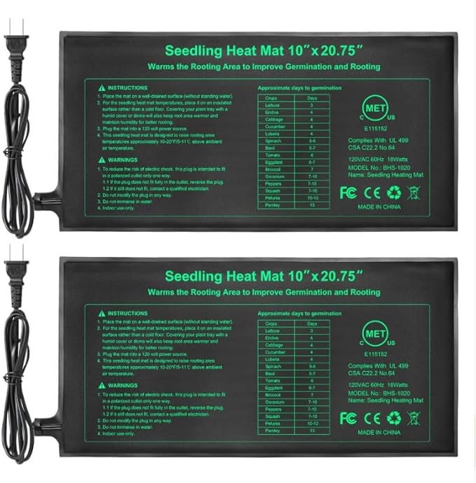 Bestio Seeding Heat Mat 10"x 20.75", 2 Pack Waterproof Durable Heat Mat for Seed Starting, UL and MET Certified Plant Heating Pad for Seed Germination,Hydroponics, Greenhouses