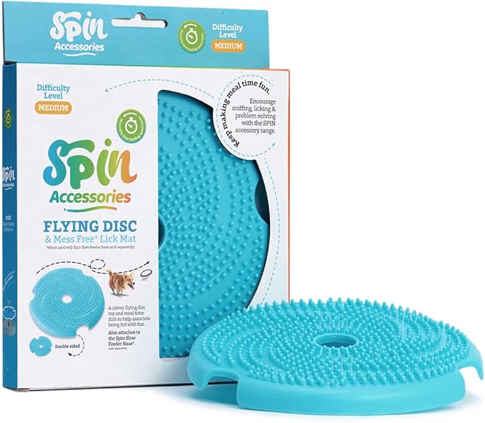 PetDreamHouse Spin Disc Dual Texture Dog Lick Mat, Slow Feeder & Frisbee Dog Toy, Use Standalone or with Spin Bowl Base, for All Dogs, Blue