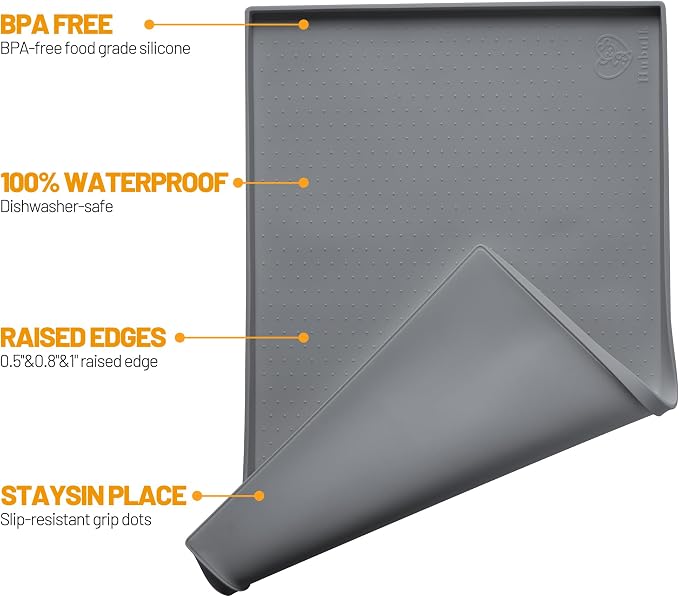 Hubulk Dog Feeding Mat,100% Waterproof BPA Free Silicone Pet Food and Water Bowl Placemat,Dishwasher, High Raised Edge to Prevent Spills,Nonslip Tray to Stop Messes on Floor (19"x12"x0.5", Grey)