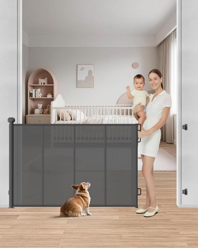Retractable Baby Gate, 55" Wide Reinforced Mesh Baby Gate with 4 Fiberglass Support Rods for a Tighter Fit, 34" Tall Retractable Dog Gate for Stairways, Hallways and Doorways, Gray