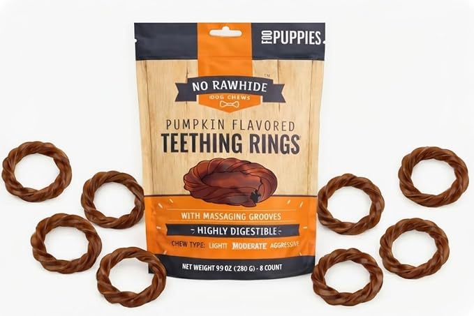 No Rawhide Puppy Teething Rings – Pumpkin (8 Rings) Grain Free Rawhide Alternative Teething Treats for Puppies