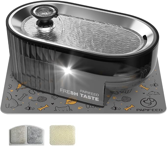 PAPIFEED Cat Water Fountain Stainless Steel with a Silicone Mat, 84oz/2.5L Automatic Pet Fountain with Water Level Window and LED Light, Quiet Low Power Cat Water Bowl & Cat Water Dispenser(Black)