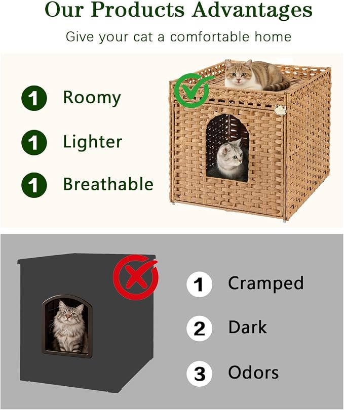SETVSON Cat Litter Box Enclosure Furniture, Large Hidden Litter Box Furniture, Handwoven Rattan Cat House Cabinet, One Mat, Two S-Shaped Hooks, Living Room, Apartment 21.6 X 26 X 21.6 Inches, Natural