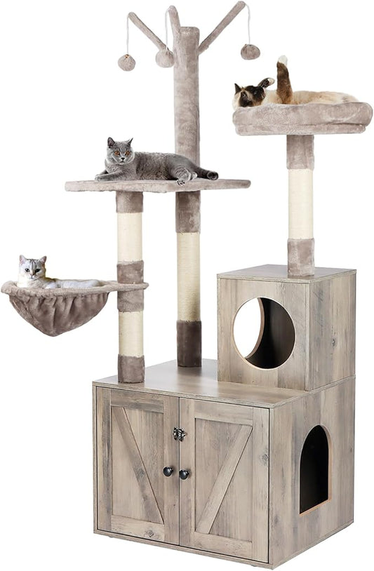 Timberer Litter Box Enclosure with Cat Tree, 2-in-1 Cat Tree Tower, Hidden Cat Litter Box Furniture with Scratching Post, Modern Cat Condo, Grey
