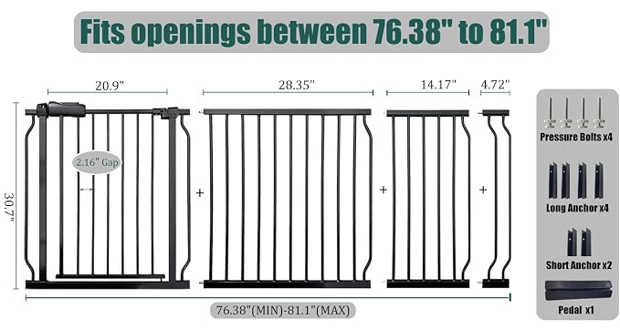 Extra Wide Baby Gate 76.3-81" Dog Gate for Doorways, Pressure Mounted No Drill Safety Gate for Kitchen, Hallways, Black Metal Pet Gate for Dogs