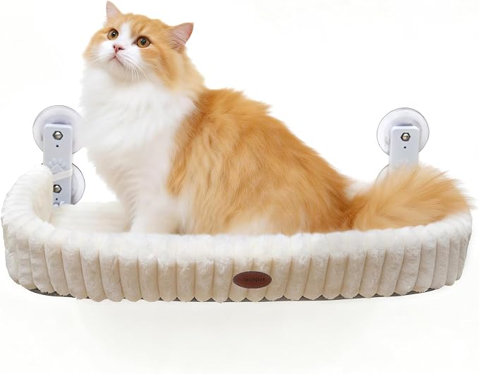 Woochpet Cordless Cat Window Perch, Large Size Hammock with 4 Strong Suction Cups, Cat Hammock for Window with Two Fabrics Cover, Foldable Bed for Cats, White