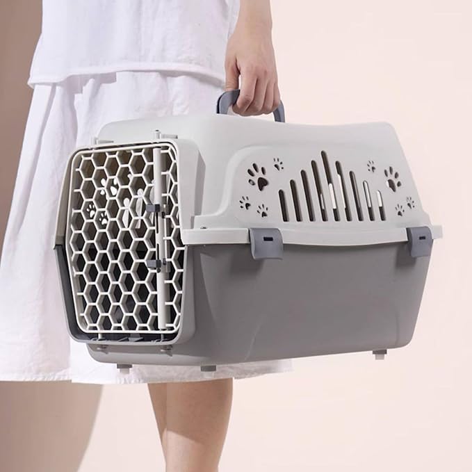 Plastic Cat Cage, Puppy Car Carrier with Door Locks and Handle, Portable Cat Travel Crate for Vet Visits Long Distance Trips(Gray)