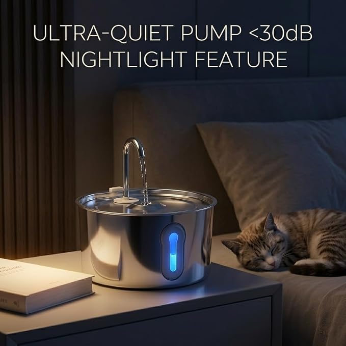 Stainless Steel Cat Water Fountain, 135oz/4L Automatic Pet Fountain Dog Water Dispenser with Ultra-Quiet Pump & 2 Replacement Filters & for Cats Inside, Dogs, Multiple Pets