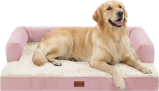 Orthopedic Dog Beds for Large Medium Sized Dogs, Waterproof Egg Crate Foam Large Dog Couch Beds with Comfy Bolster 36x27Inch, Washable Pet Beds with Removable Cover, Pink
