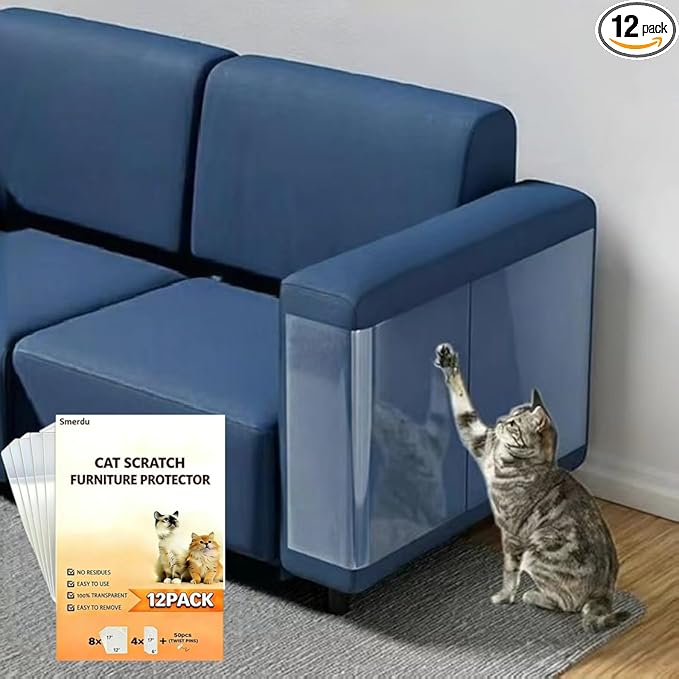 Cat Scratch Furniture Protector 12 Pack with 50 Pins — 0.15mm Thick Sheets, Dual-Size 8×(17"x12") + 4×(17"x6"), Clear Anti Scratch Deterrent for Couch Sofa, Residue-Free MSDS Safe