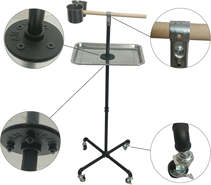 Stainless Steel Tray Bowls Bird Perch Stand,with Wheels Parrot Stand,Parrot Perch Stand 2 Stainless Steel Cups,Bird Play Stand for Indoor Outdoor(Black