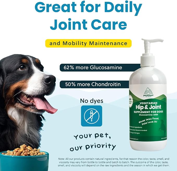 Paramount Pet Health Plant-Based Liquid Glucosamine for Dogs, 1600mg Joint Support Chondroitin, MSM & Omega 3-6-9, Shellfish-Free Dog Arthritis Supplement for Mobility & Flexibility Made in USA 16 oz