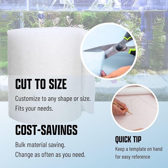 Premium Aquarium Filter Media Pad - Cut-to-Fit Roll, Fresh and Saltwater Safe, Blue & Dye-Free Options, Made in USA (Dye Free, 12"x96" (8 ft) x 0.75")