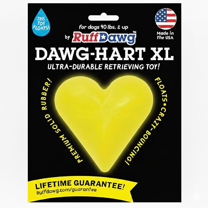 Ruff Dawg Indestructible Dawg-Hart (Heart) XL 4” – Heavy-Duty Solid Rubber Dog Fetch Toy for Dogs 40 lbs & Up – Floats & Crazy Bounce – Made in USA – Assorted Neon Colors