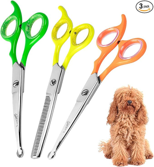 Laazar Dog Grooming Scissors Kit, Pet Grooming Scissors Set – Straight, Curved & Thinning Shears | Grooming Scissors for Dogs at Home | Safety Round Tips, Colorful Handles