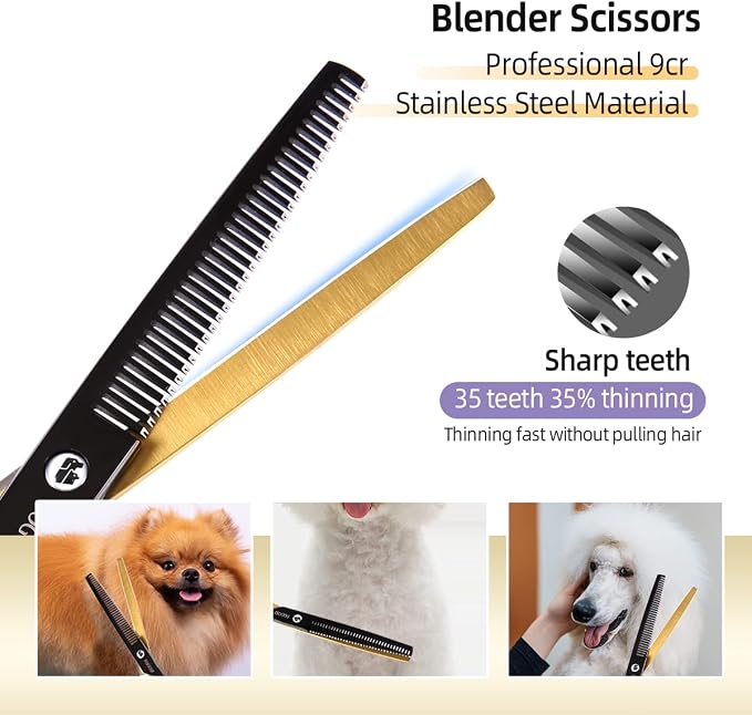 Dog Grooming Scissors Kit for Small Dogs, Black and Gold Two-Color Blender Shears Chunker Shears Curved Scissors Straight Scissors 4 pcs Set(Black&Gold,Kit)