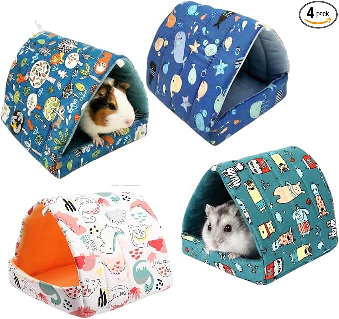 Guinea Pig Hideout 4 Pack, Washable Fleece Small Animal Bed & Tunnel, Cozy Guinea Pig House Cage Accessories for Bunny, Hedgehog, Chinchilla, Hamster, Ferret (Greenery,7.9 in)