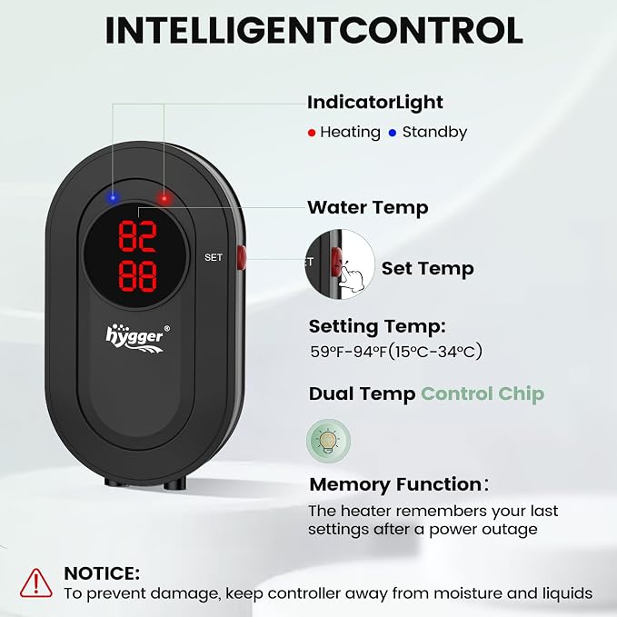hygger 1000W Aquarium Heater with Controller, Submersible Fish Tank Heater Intelligent Leaving Water Automatica Stop Heating and Overheat Protection,105-238 Gal Turtle Heaters for Freshwater Saltwater