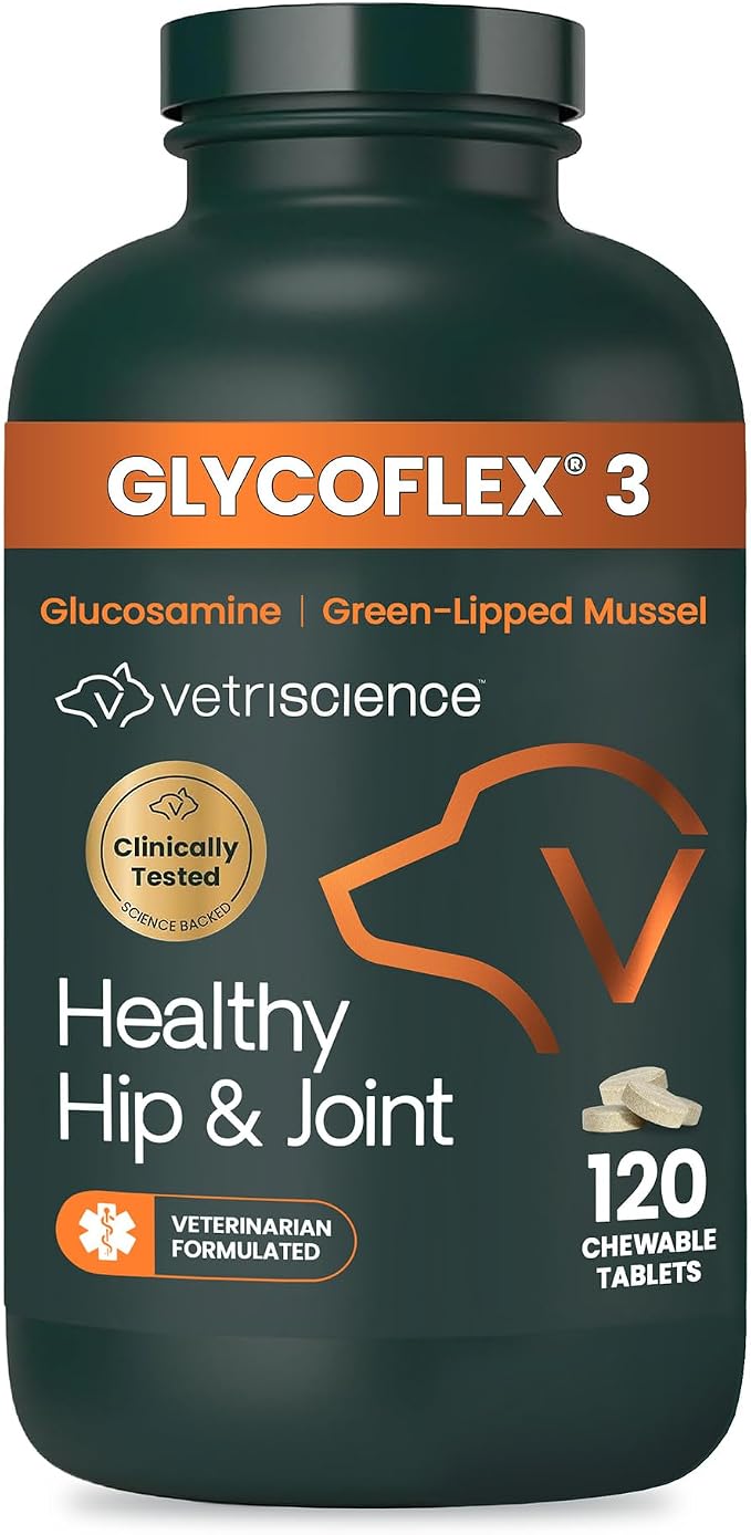 VetriScience Extra Strength Healthy Hip & Joint Chewable Tablets, GlycoFlex Glucosamine and Green-Lipped Mussel Joint Support Supplement for Dogs, Soothe Joint Discomfort, Chicken, 120 Count