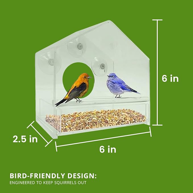 Nature Gear Window Bird Feeder with Strong Suction Cups, Clear Acrylic Window Mounted Bird Feeder, Removable Sliding Tray, Weather-Resistant, Durable, Squirrel-Resistant, House Style