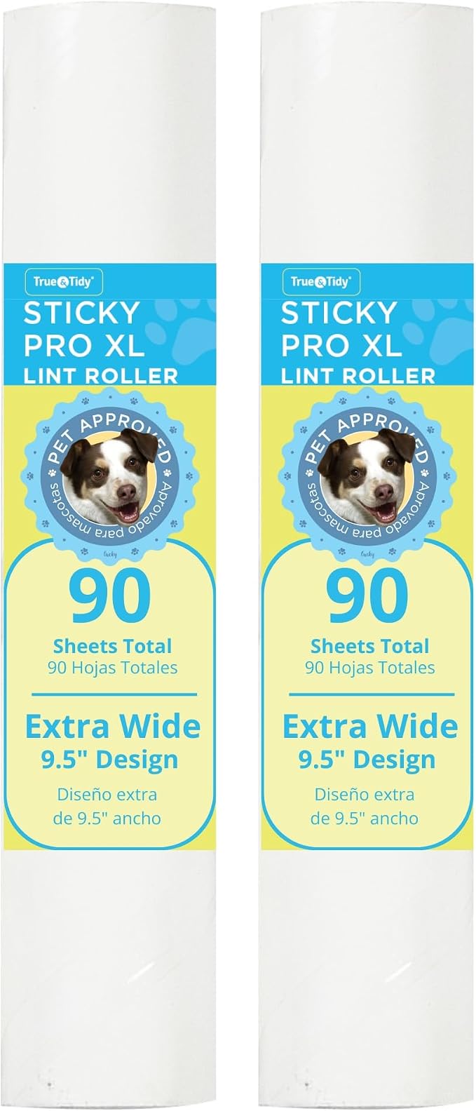 True & Tidy 2pc Lint Roller Refill Set for StickyPro XL Lint Roller, 90-pc per Sheet, Total 180 Sheets, Effectively Removes Pet Hair and Other Debris, Threaded Spiral Design, Extra Wide 9.5 inches