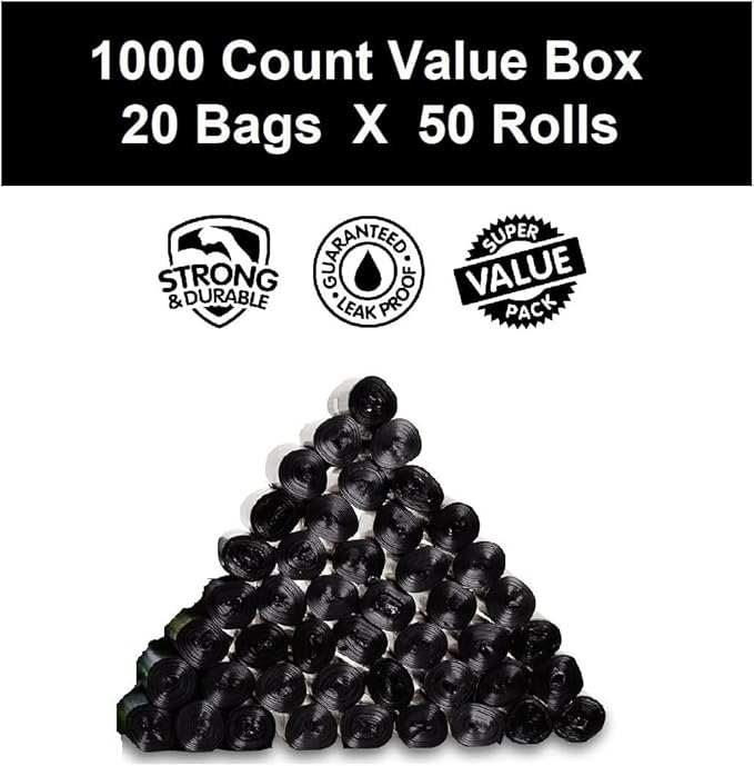 EZ Pick Up Pet Dog Bags - 1000 Count Waste Bags, Puppy Pick Up Bag, Doggy Walking Clean Up (Pink, Black, Blue) (Black)