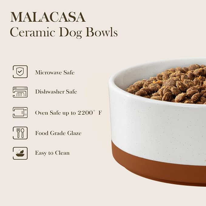 MALACASA Dog Bowls Set with Wooden Stand, 6 Cups Food Water Bowl Set for Medium to Large Size Dogs, Ceramic Pet Bowls with Weighted Non-Slip Base, Basic Bowls for Your Dog,58Oz