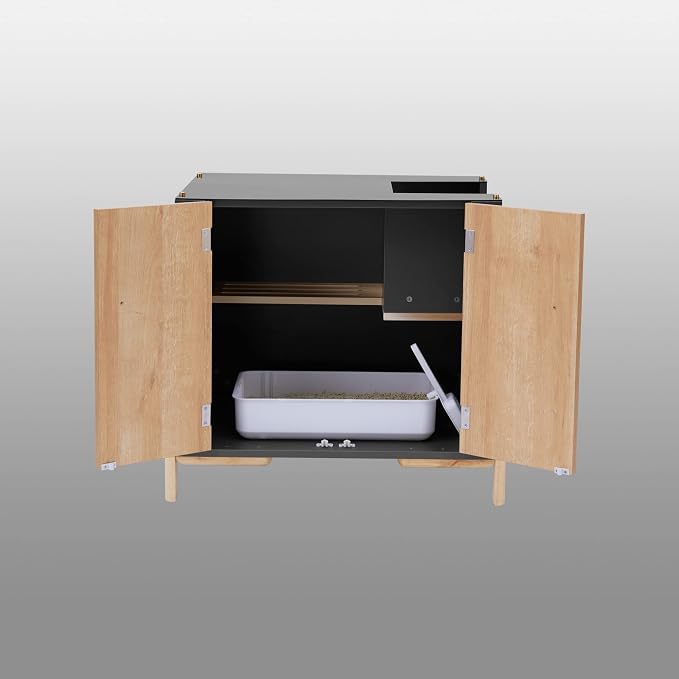 Teamson Pets Ryder Elevated Large Wooden Cat Litter Box Enclosure with Translucent Desktop, Dim Grey