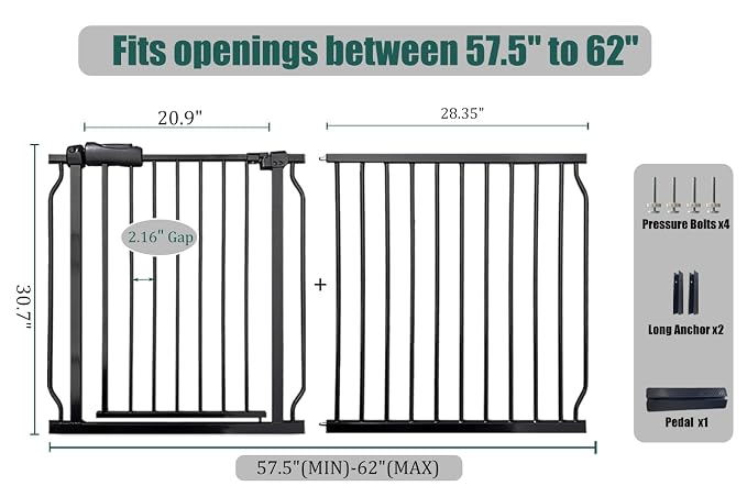 Extra Wide Baby Gate 57.5-62" Dog Gate for Doorways, Pressure Mounted No Drill Safety Gate for Kitchen, Hallways, White/Black Metal Pet Gate for Dogs
