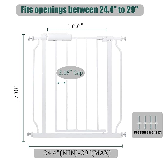 Narrow Baby Gate 24-29" Dog Gate Pressure Mounted Indoor Safety Gate for Stairs, Doorways, Hallways, No Drilling White Metal Pet Gate for Kids & Pets