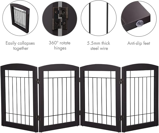 Dog Gate - 4 Panel Foldable Pet Gate Indoor for Doorways, House, Stairs, Freestanding Gate for Dogs - 80x24 -Inch Puppy Safety Fence by PAWLAND, Espresso