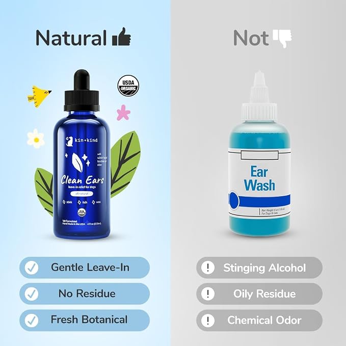 kin+kind Clean Ears - Natural Leave-in, No-Rinse Dog Ear Cleaner Solution - USDA Organic, Non-Greasy - 4 fl oz